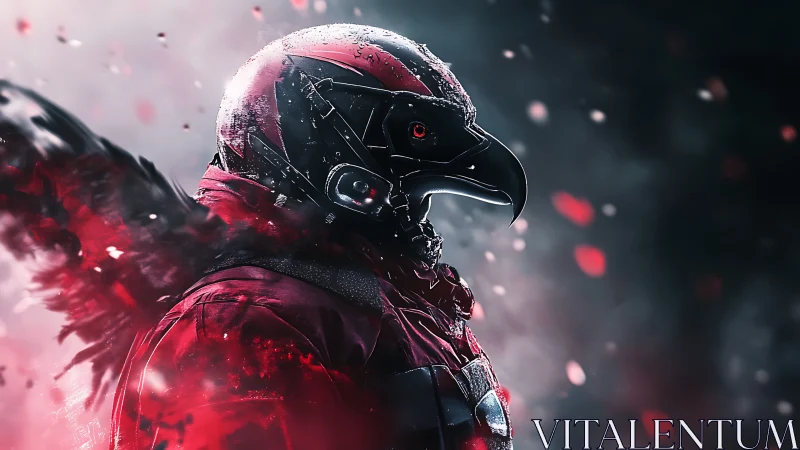 Raven-helmed futuristic warrior stands in swirling red storm