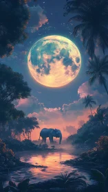 Majestic elephant crosses a moonlit jungle river at dusk