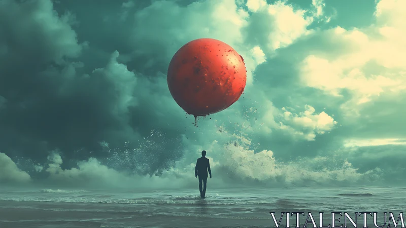 Solitary figure confronts a colossal red sphere above the sea.