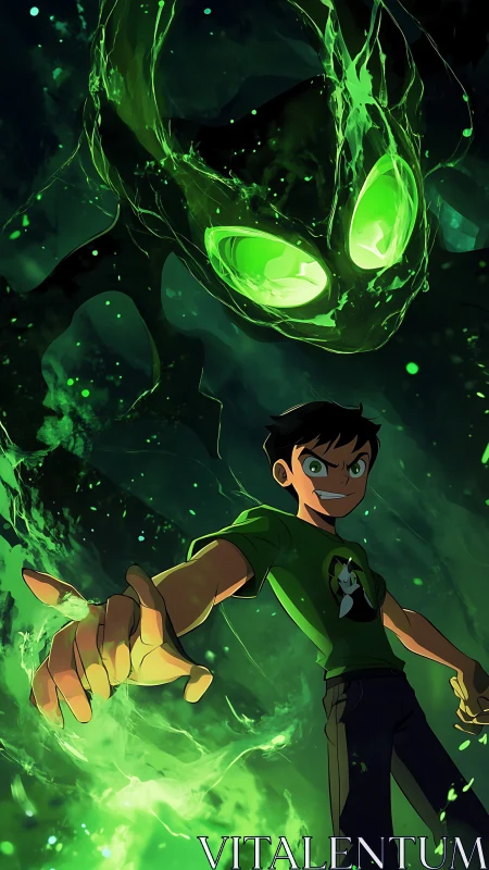 Energetic boy summoning luminous green spectral entity vortex