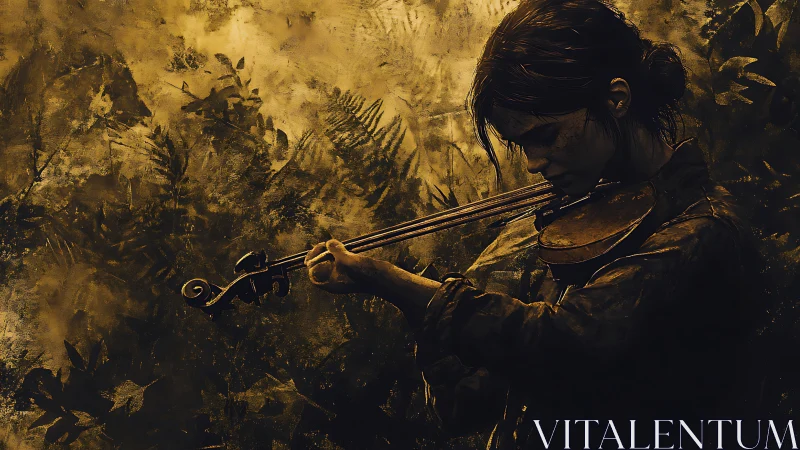 Young violinist plays alone against textured forest backdrop