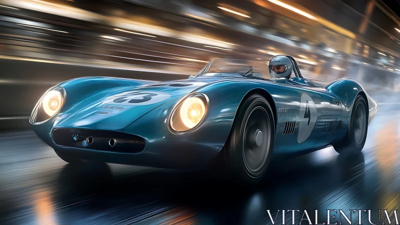 Sleek blue vintage race car soaring through glowing city streets.