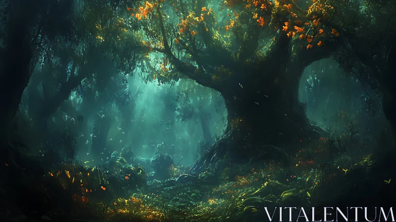 Enchanted Forest Cavern With Glowing Light.