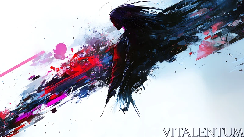 Abstract cyber warrior dissolving into neon paint trails.