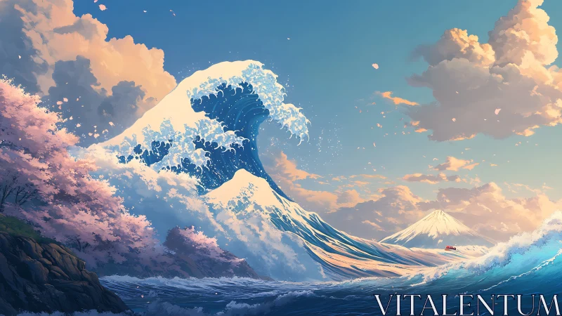 Large coastal wave with cherry blossoms and distant volcano.