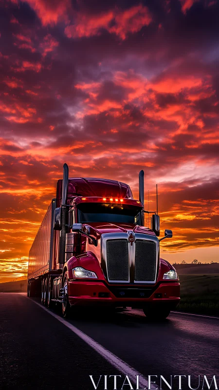 Red semi truck on open highway under vivid sunset sky.