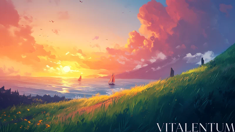 Sunlit sails drifting beneath flaming cotton candy clouds.