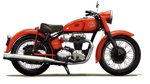 Side profile illustration of classic red motorcycle model.