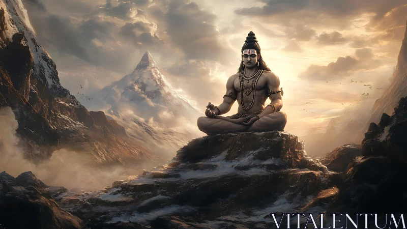 Serene mountain meditation with Lord Shiva at sunrise.