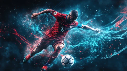 Electric soccer striker unleashes dynamic power shot in neon storm