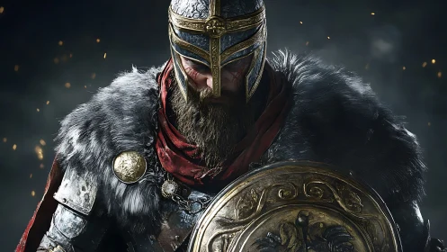 Battleworn Viking warrior in fur cloak with ornate shield