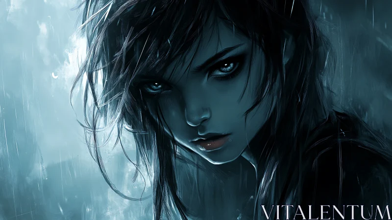 Stormlit gaze of a fierce girl in moody blue rain.