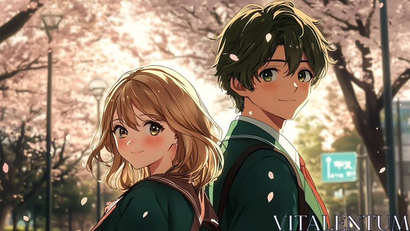 Anime students walking under cherry blossoms at golden hour