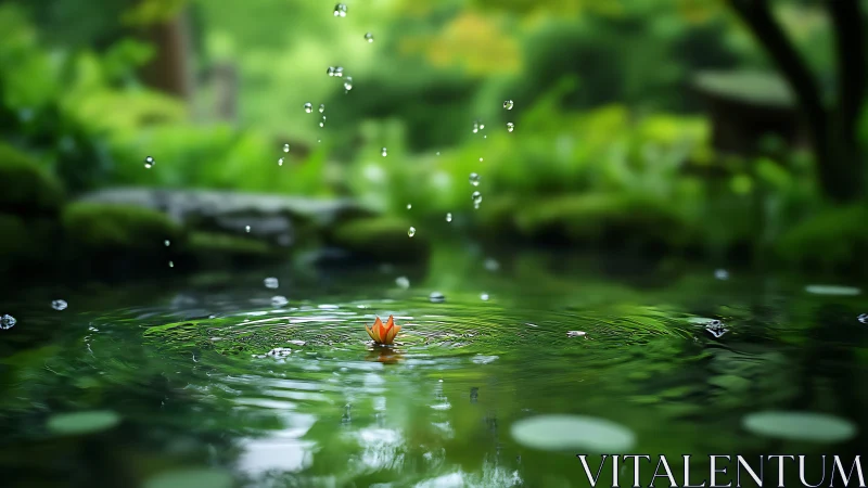 Lotus bud within rippling pond under falling droplets.
