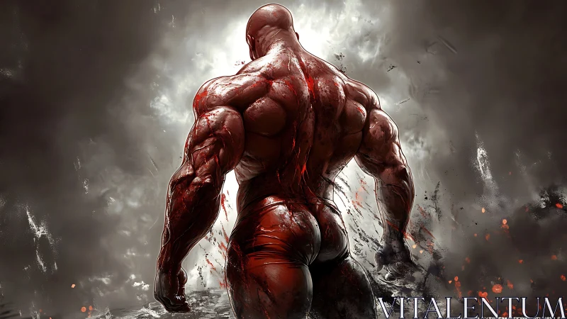 Bloodforged titan strides through stormlit battlefield haze.