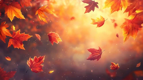 Autumn maple leaves drift through warm bokeh backlit atmosphere