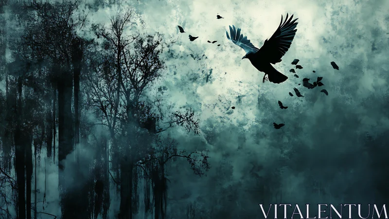 Midnight raven ascending above misty haunted forest skies.