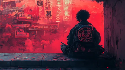 Lone urban wanderer facing red neon cityscape haze.