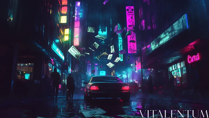 Neon soaked alley with raining banknotes and idling sedan at night.