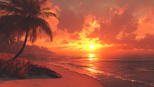 Tropical shoreline with palm trees at vivid orange sunset.