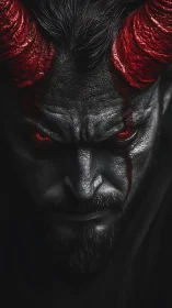 High-contrast demonic portrait in selective red monochrome lighting.
