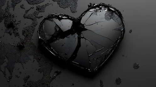 Shattered black heart on dark reflective surface.