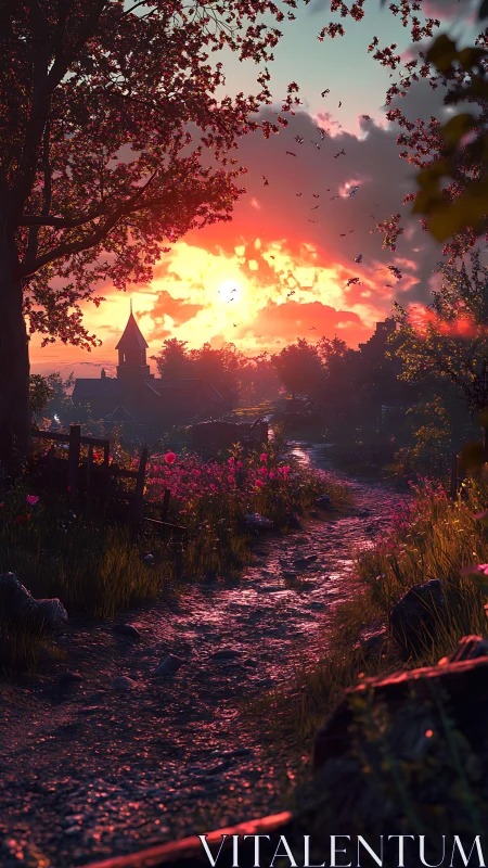 Sunlit country lane gently winding toward a quiet village