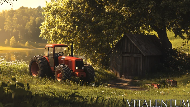 Red tractor stands near wooden shed by sunlit lakeside
