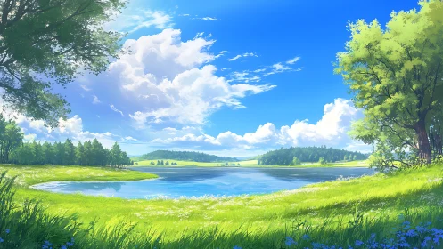 Bright lake landscape shows open meadow, water and clouds