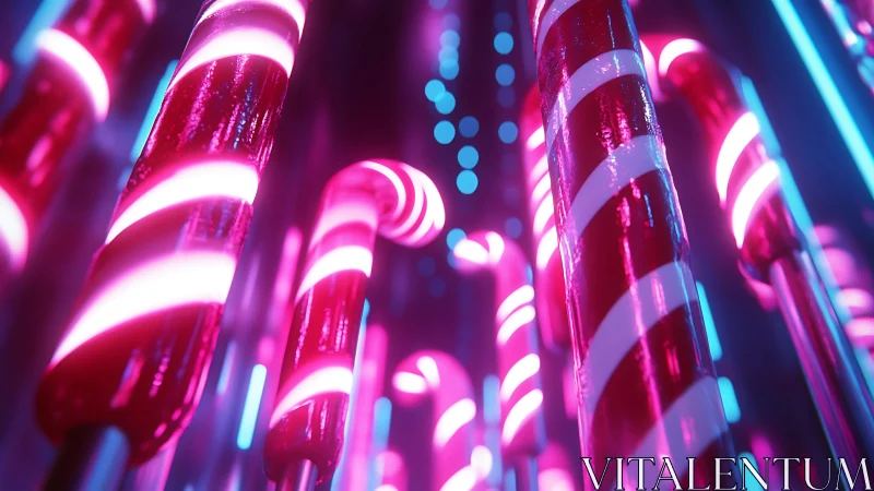 Neon candy canes glow in a sugary cyber nightscape dream.