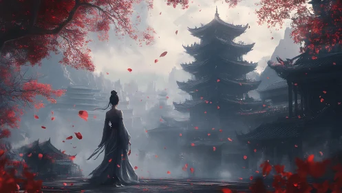 Woman before pagoda in misty red autumn landscape.
