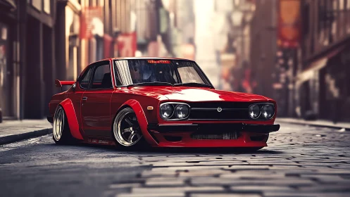 Widebody classic coupe with deep-dish wheels on cobblestone street