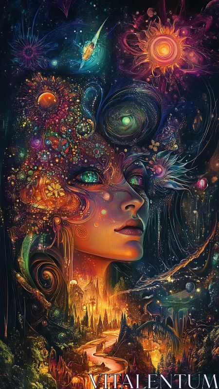 Female profile merges with cosmic nebula and glowing landscape