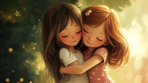 Two girls embrace joyfully in luminous golden light