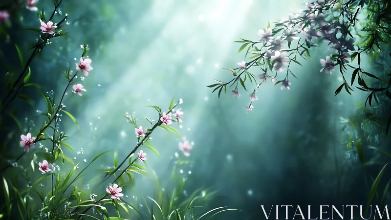 Soft daylight over delicate pink blossoms in forest.