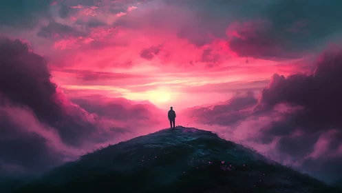 Backlit silhouette observes high-saturation magenta atmospheric sunset