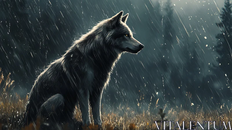 Solitary wolf in rainlit meadow against dark forest backdrop.