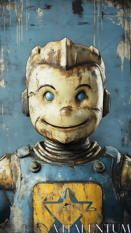 Rusty cartoon robot bust with blue eyes faces front