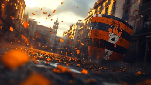 Sunlit city street with defiant striped protest shield.