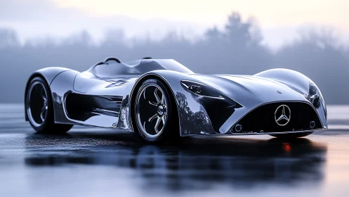 Sleek silver roadster glides confidently across a misty track