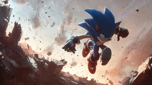 Blue speedster leaps boldly through a crumbling battle scene