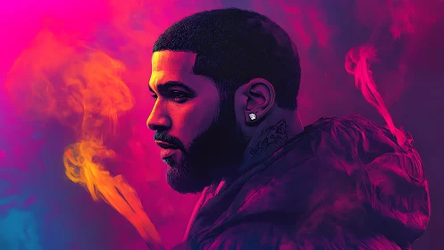 Neon-lit portrait of a reflective man in swirling color haze.