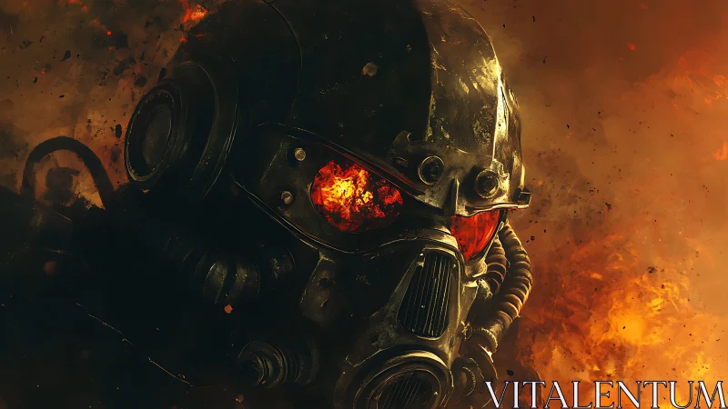 Armored sci fi soldier helmet amid intense firestorm.