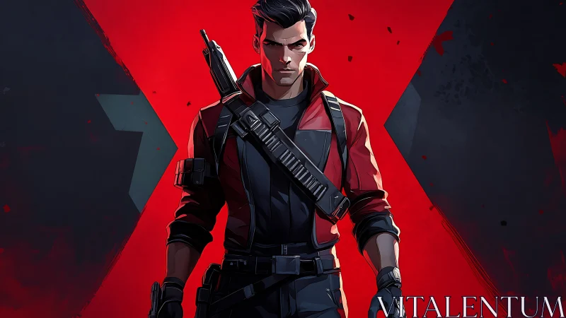 Stylized cyberpunk operative in red-black tactical framing.