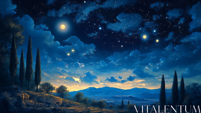 Dreamy hillside under a glowing starlit fantasy sky.