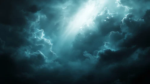 Gentle light breaking through deep, moody storm clouds.