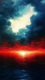 Storm-lit ocean horizon under blazing crimson sunset