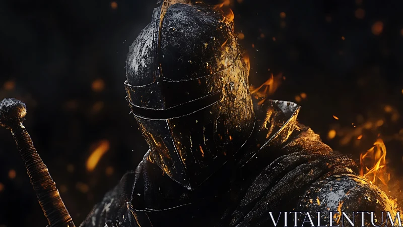 Burnished knight silhouette engulfed in cinematic embers.