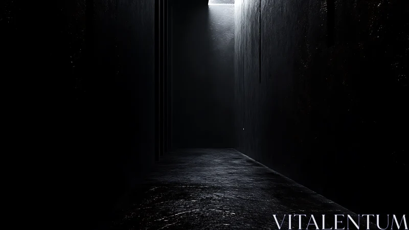 Dark concrete corridor with single overhead light beam.