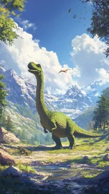 Green sauropod dinosaur stands in bright alpine valley